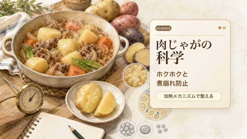 肉じゃがの加熱メカニズムと煮崩れ防止を伝えるアイキャッチ