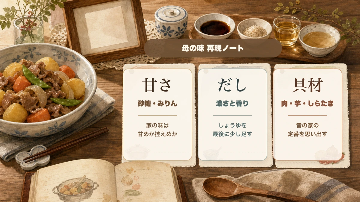 母の味の肉じゃがを甘さ・だし・具材で再現するノート