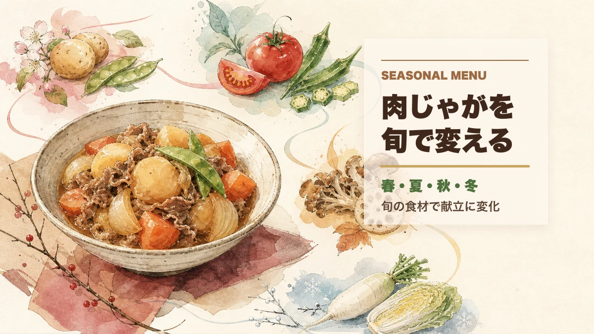 旬の食材で肉じゃがを季節ごとに楽しむファッション誌風イラスト