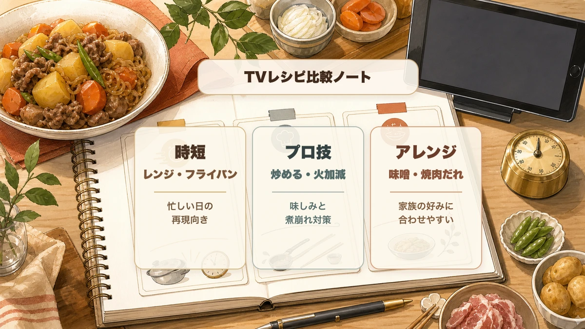 肉じゃがTVレシピを時短・プロ技・アレンジで比較するノート