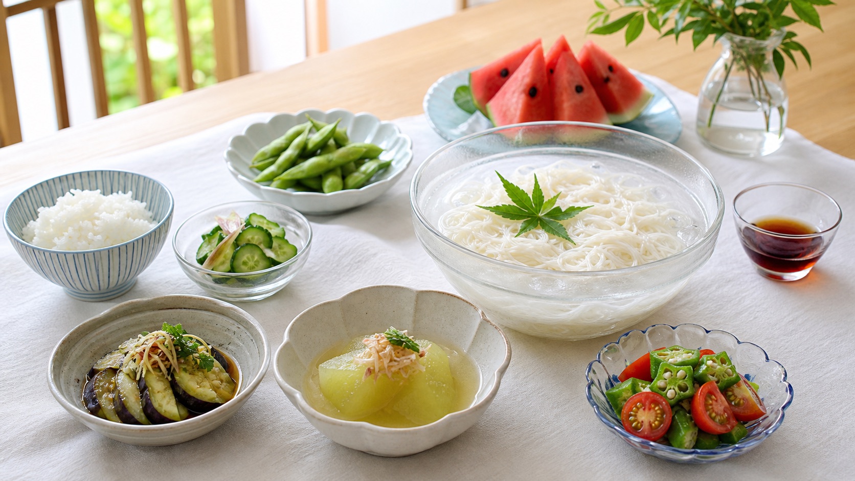 そうめん、なす、とうがん、オクラ、トマト、すいかを並べた8月の涼しい献立イメージ