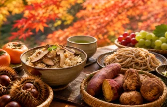 Autumn foods in Japan with mushrooms chestnuts sweet potatoes and fruit