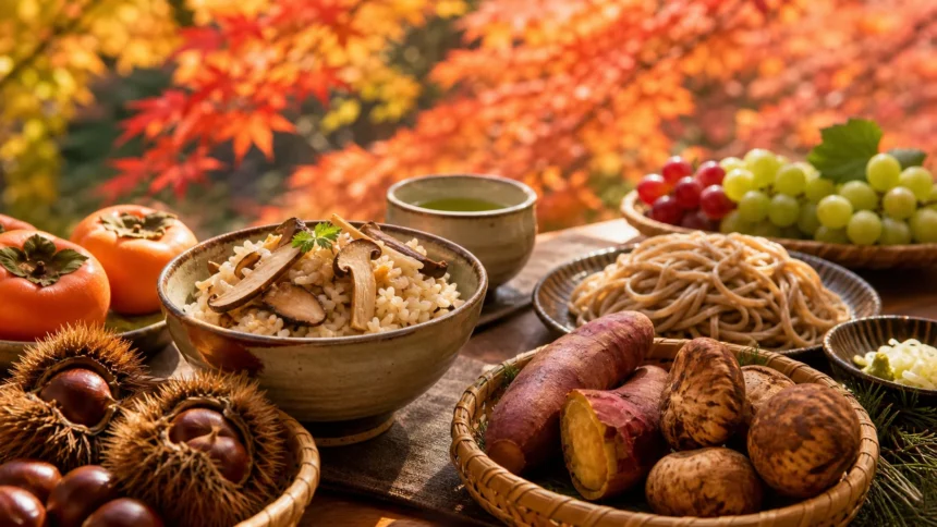 Autumn foods in Japan with mushrooms chestnuts sweet potatoes and fruit