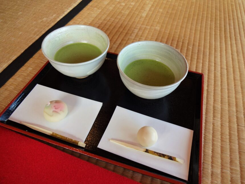 Matcha tea and sweets during a Japanese tea ceremony