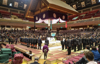 Dohyo-matsuri ceremony at Ryogoku Kokugikan before a sumo tournament