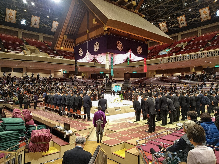 Dohyo-matsuri ceremony at Ryogoku Kokugikan before a sumo tournament
