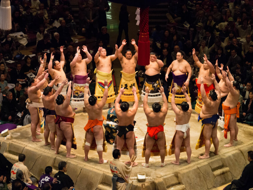 Grand Sumo ring-entering ceremony at a tournament