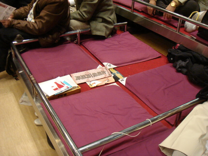 Traditional sumo box seats at Ryogoku Kokugikan in Tokyo