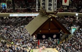 Grand sumo tournament scene inside Ryogoku Kokugikan in Tokyo