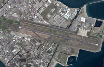 Aerial photograph of Tokushima Airport and coastal airport area