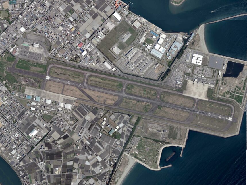 Aerial photograph of Tokushima Airport and coastal airport area