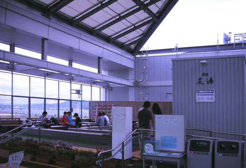 Kitakyushu Airport viewing deck and footbath area with Suo Nada in the distance