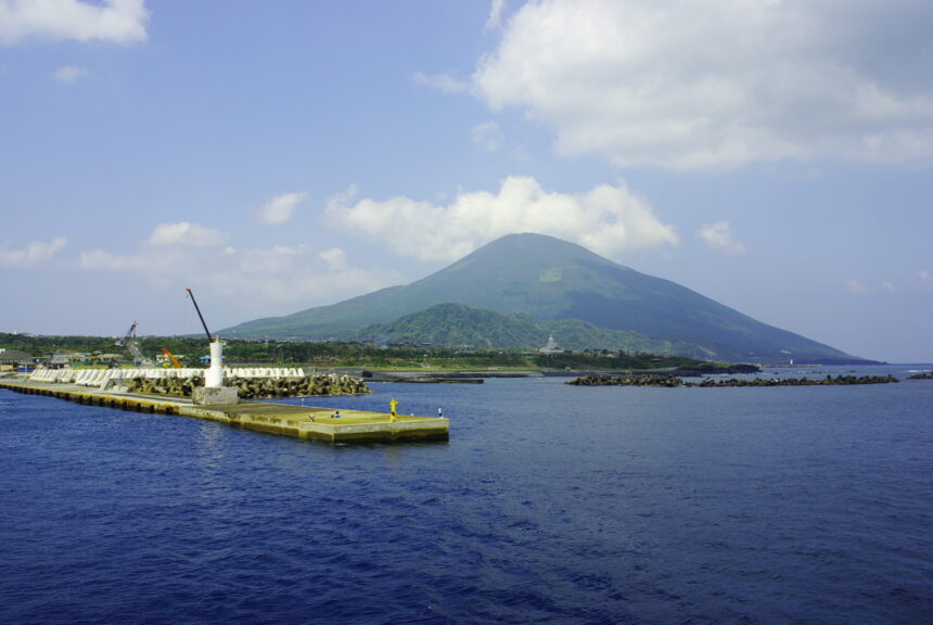 Sokodo harbor and Hachijo Fuji on Hachijojima island