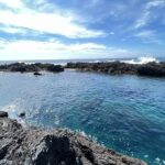 Basalt natural pool and clear water at Toshiki Coast on Izu Oshima