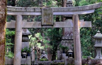 Stone torii and steps on a forest path at Okunoin in Koyasan
