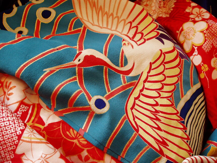 Colorful kimono fabrics with traditional patterns