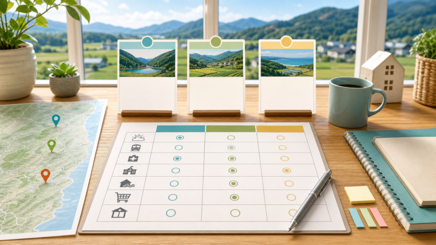 移住先候補三つを比較する表と地図