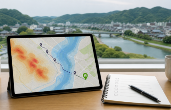 タブレットのハザードマップで洪水や土砂リスクと避難経路を確認する