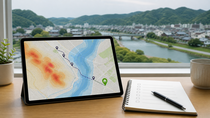 タブレットのハザードマップで洪水や土砂リスクと避難経路を確認する