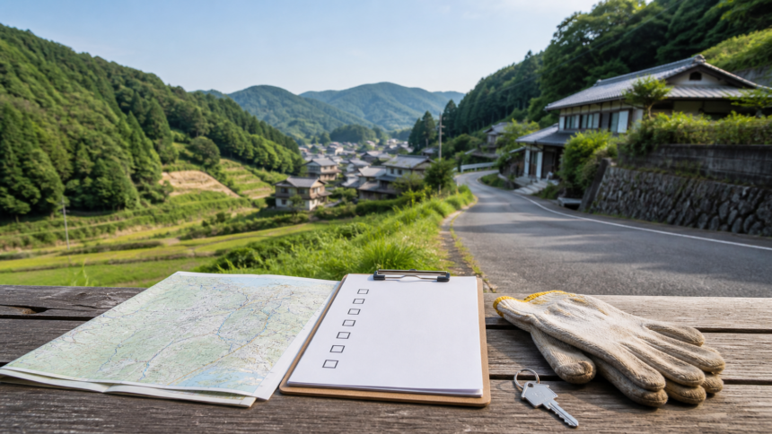 山里の集落と坂道を地図とチェックリストで確認する