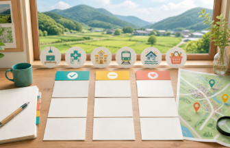 移住先選びの譲れない条件を三段階で整理するカードと地図