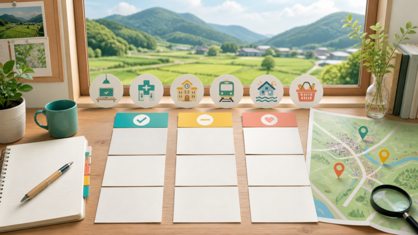 移住先選びの譲れない条件を三段階で整理するカードと地図