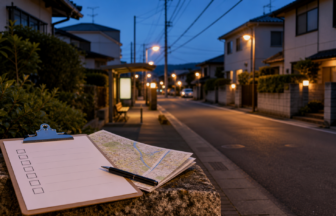 夕方の住宅地で地図とチェックリストを使って生活動線を確認する