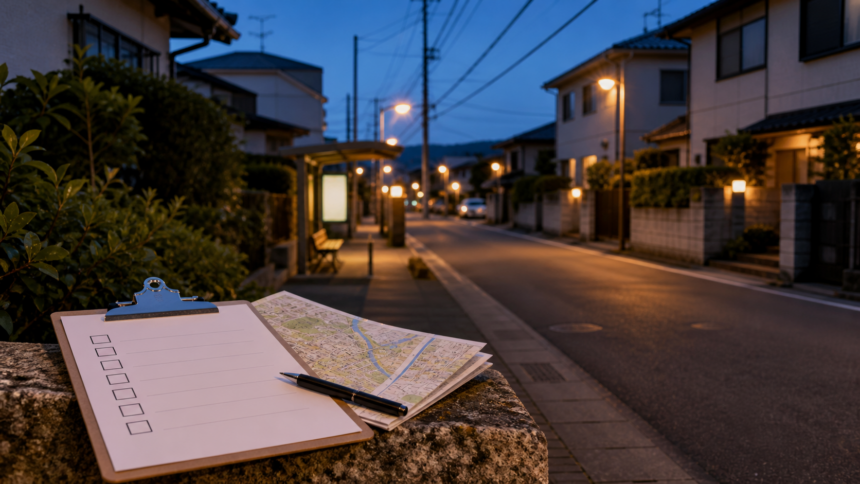 夕方の住宅地で地図とチェックリストを使って生活動線を確認する