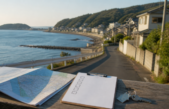 海沿いの住宅地を見下ろしながら地図とチェックリストで確認する