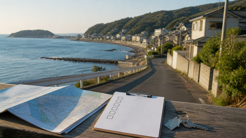 海沿いの住宅地を見下ろしながら地図とチェックリストで確認する