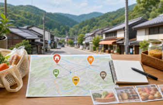 地図と買い物袋と備蓄品で買い物環境を確認する