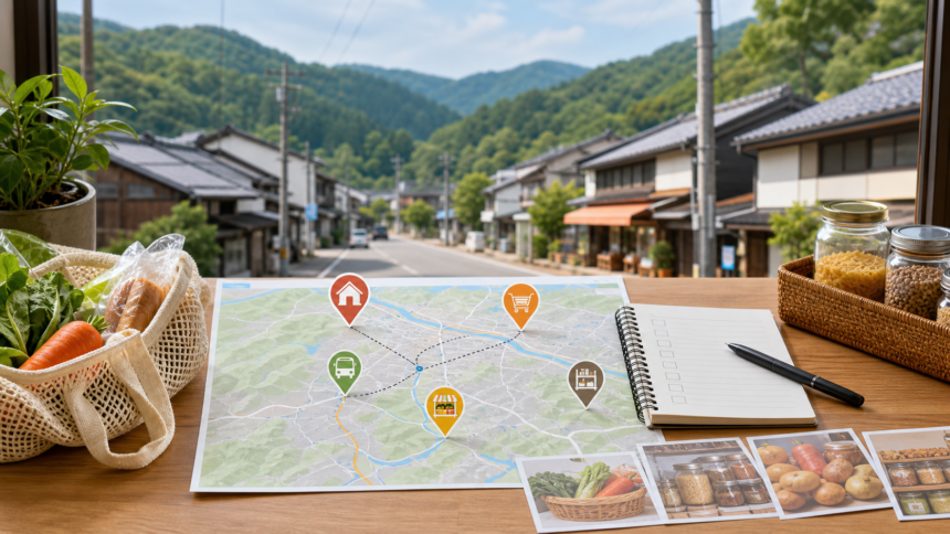 地図と買い物袋と備蓄品で買い物環境を確認する