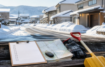 雪国の住宅地で地図とチェックリストと除雪道具を確認する