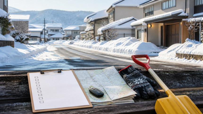 雪国の住宅地で地図とチェックリストと除雪道具を確認する