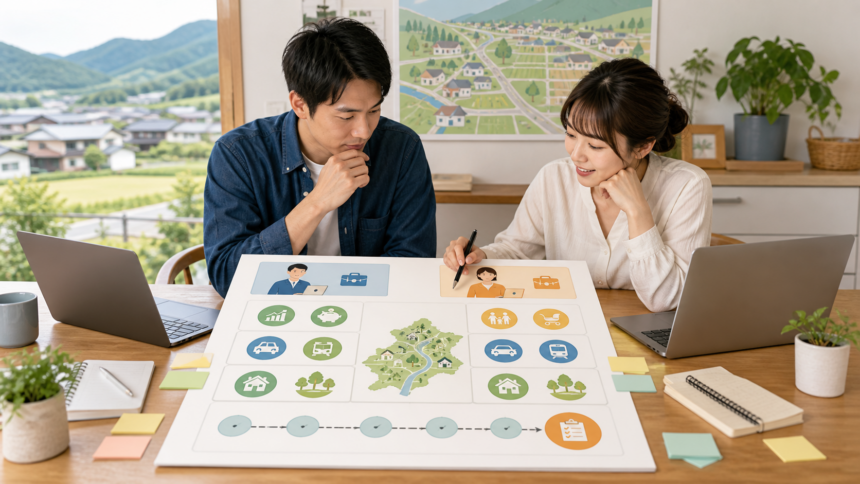 夫婦で地方移住後の仕事と家計と生活分担を計画する様子