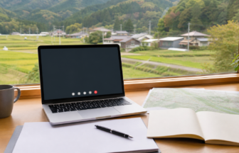 地方移住の面接準備をPCとノートで進める机
