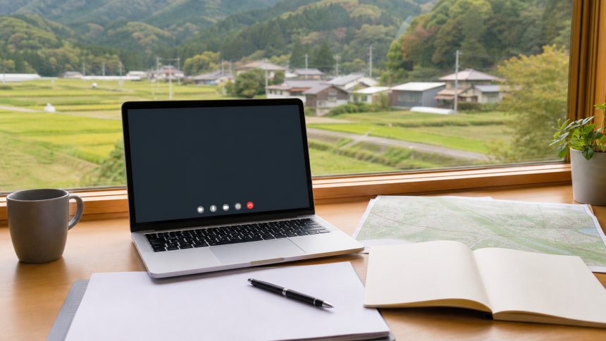 地方移住の面接準備をPCとノートで進める机