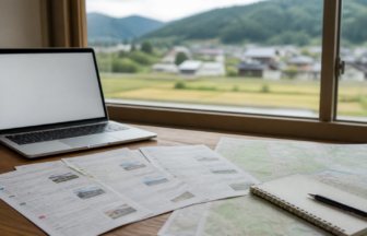 地方移住の求人票と地図を見ながら仕事を探す机