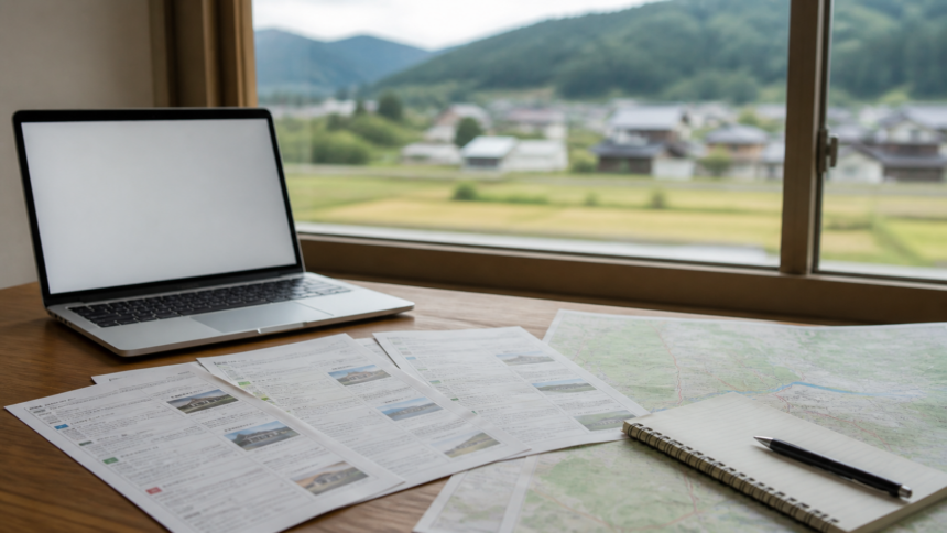 地方移住の求人票と地図を見ながら仕事を探す机