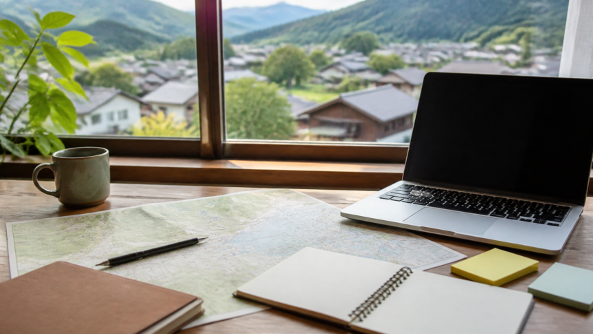 地方移住の仕事と収入を地図とノートで計画する机