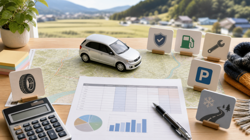 地方移住後の車費用を地図と家計表で確認するイメージ