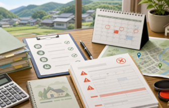 移住支援金の申請ミスを防ぐために書類と期限を確認するイラスト