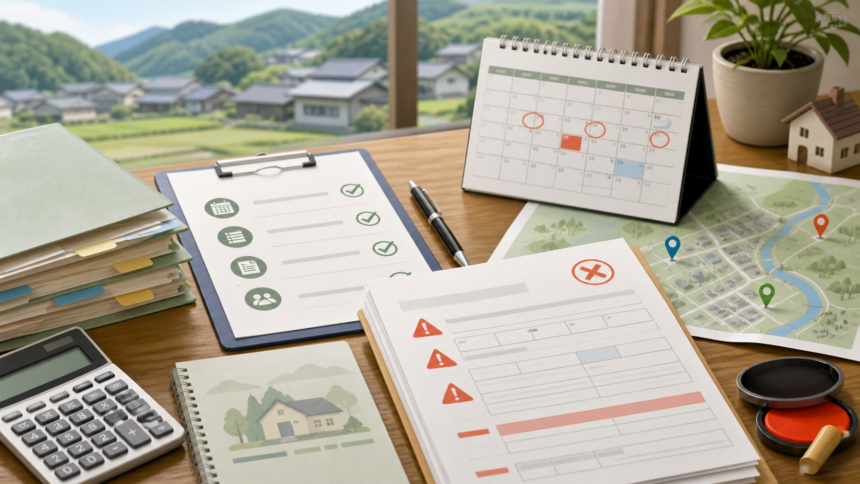 移住支援金の申請ミスを防ぐために書類と期限を確認するイラスト