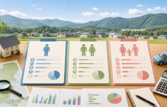 単身、夫婦、子育て世帯の移住資金計画を比較するイラスト