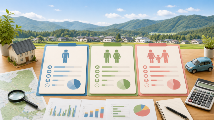 単身、夫婦、子育て世帯の移住資金計画を比較するイラスト