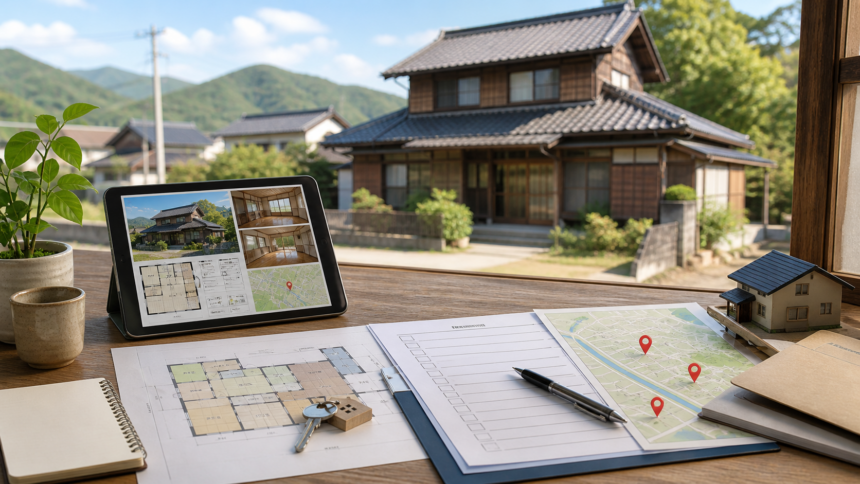 空き家バンクの物件情報と内見チェックを確認するイラスト