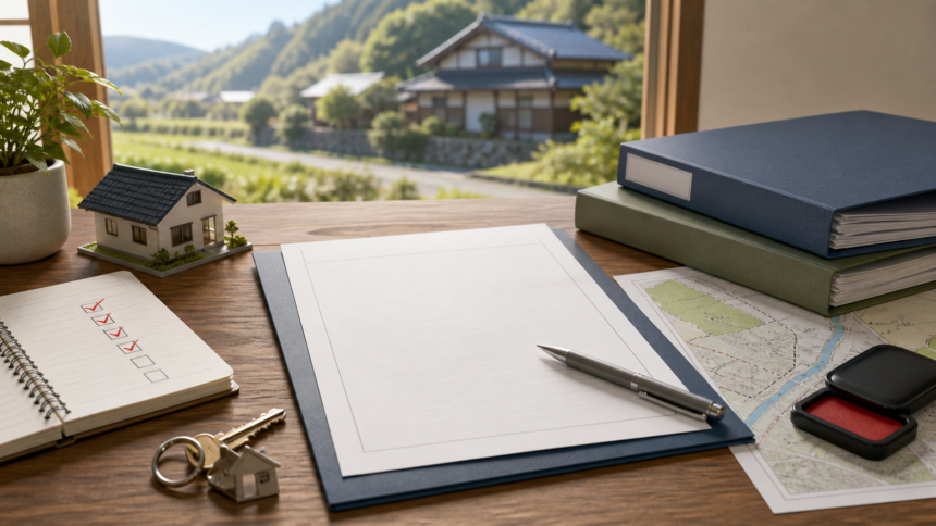 地方移住の住まい契約前に書類とチェックリストを確認するイラスト