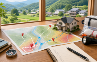 ハザードマップと避難経路を見ながら住まいの災害リスクを確認するイラスト