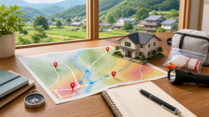 ハザードマップと避難経路を見ながら住まいの災害リスクを確認するイラスト