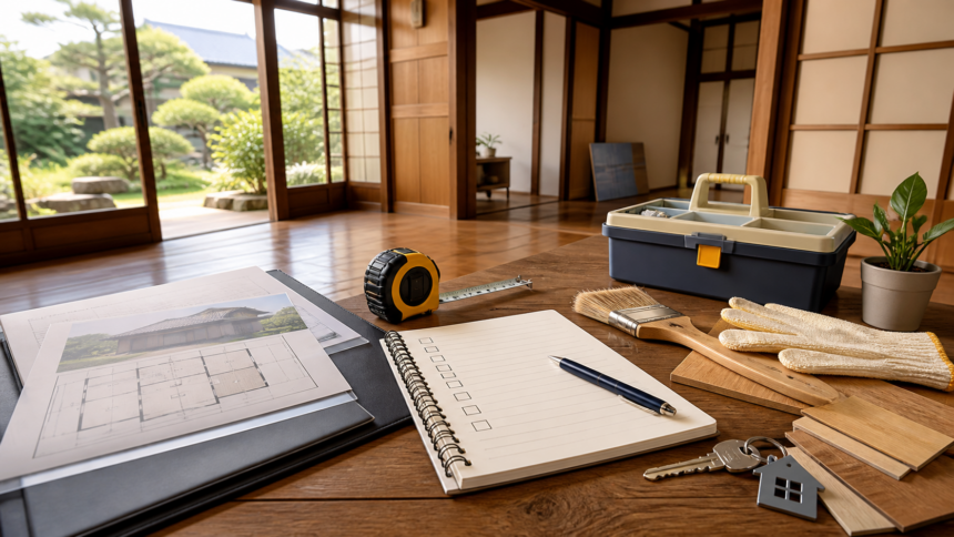 空き家や古家のDIY範囲と修繕計画を整理するイラスト
